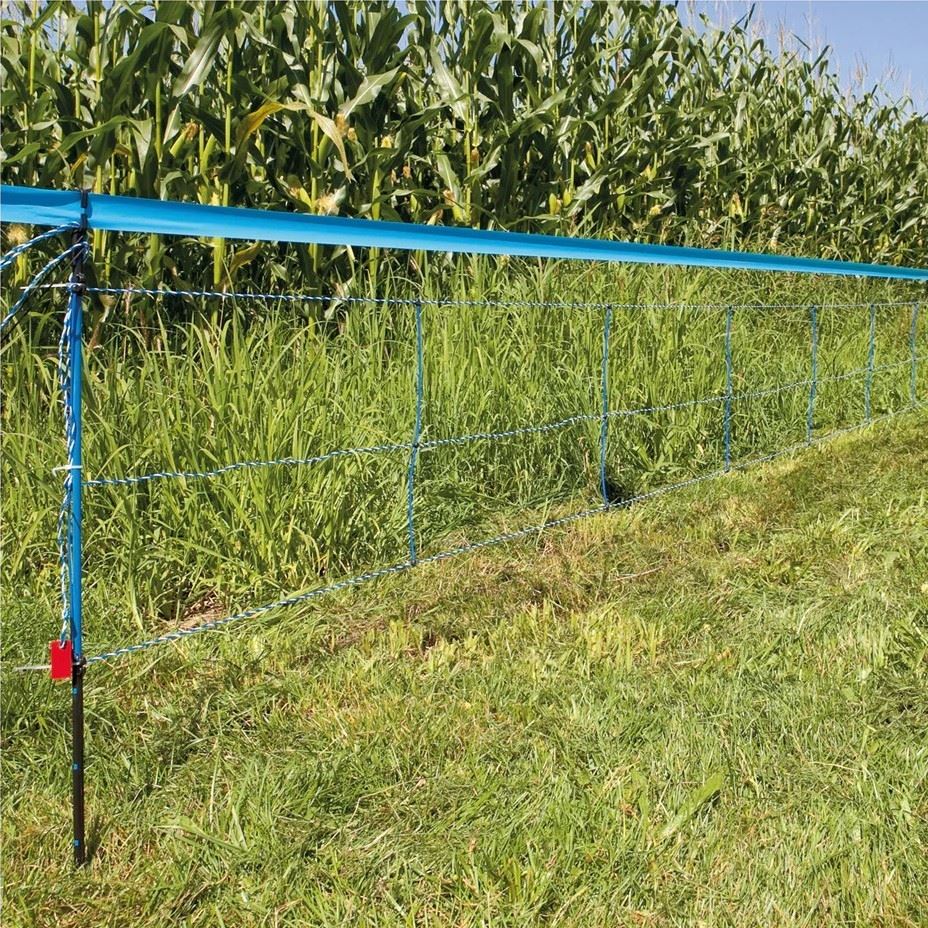 blue fiberglass fence post with tape and net